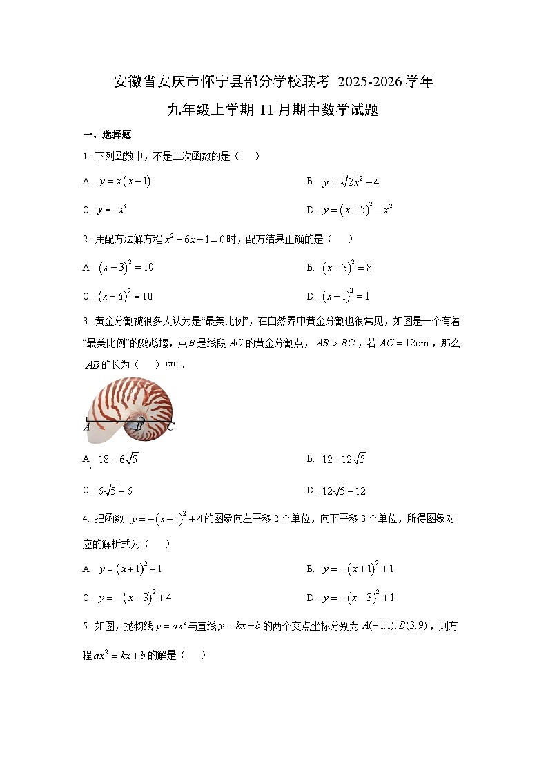 安徽省安庆市怀宁县部分学校联考2025-2026学年九年级上学期11月期中数学试卷（学生版）第1页