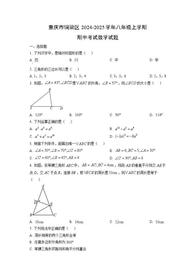 重庆市铜梁区2024-2025学年八年级上学期期中考试数学试卷（学生版）第1页
