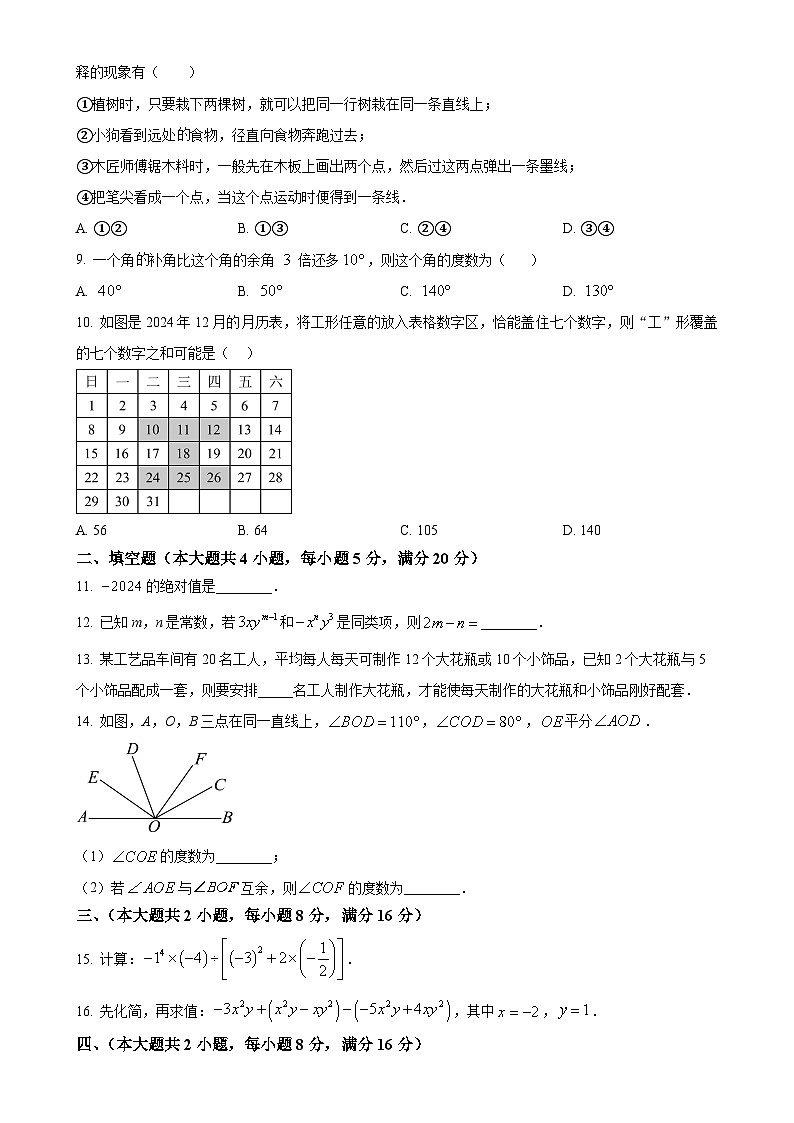 安徽省安庆市2024-2025学期上学期期末调研七年级数学（沪科版）试题 （原卷版）-A4第2页