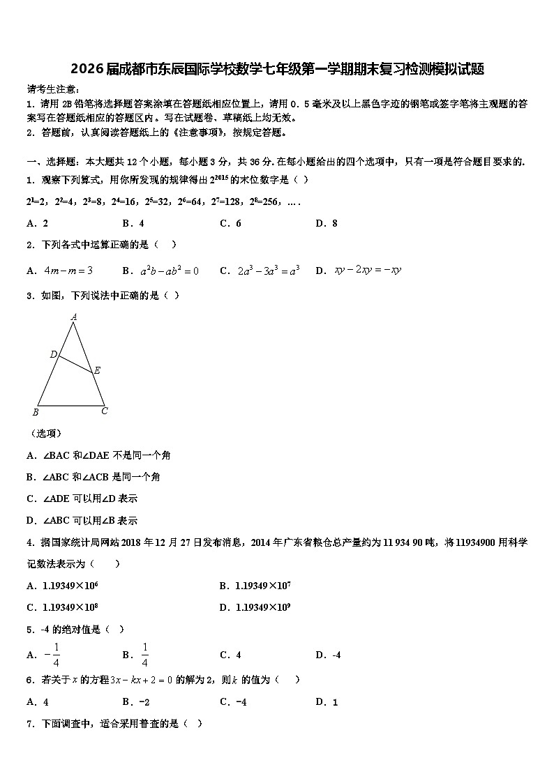 2026届成都市东辰国际学校数学七年级第一学期期末复习检测模拟试题含解析第1页