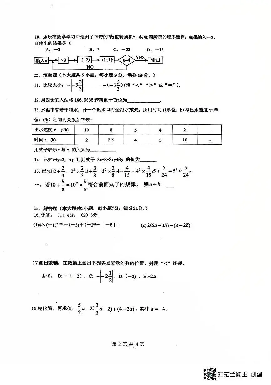 广东省中山市2025-2026学年七年级上学期期中数学试卷第2页