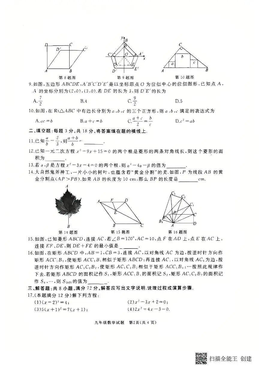 山东省枣庄市滕州市2025-2026学年上学期期中考试九年级数学试题第2页