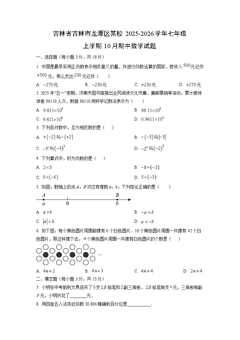 吉林省吉林市龙潭区某校2025-2026学年七年级上学期10月期中数学试卷（学生版）第1页
