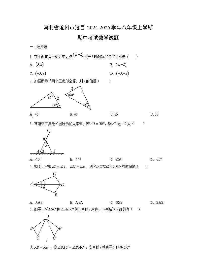 河北省沧州市沧县2024-2025学年八年级上学期期中考试数学试卷（学生版）第1页