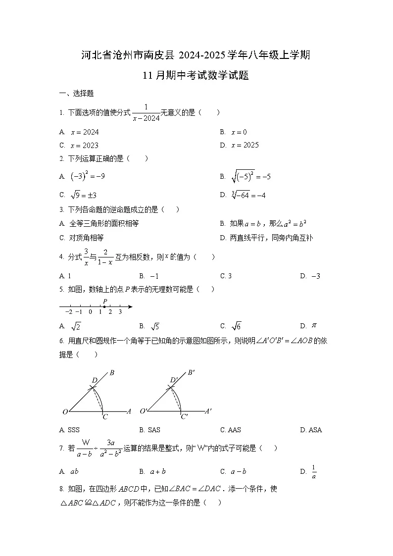 河北省沧州市南皮县2024-2025学年八年级上学期11月期中考试数学试卷（学生版）第1页