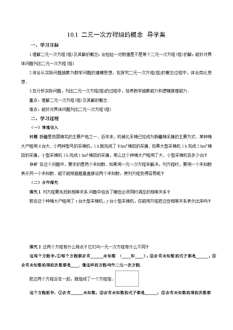 人教版2024初中数学七下10-1 二元一次方程组的概念（导学案）第1页