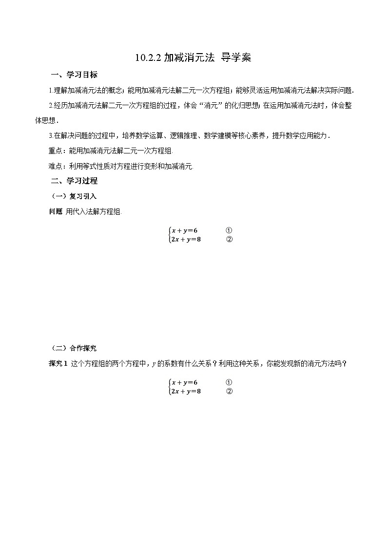 人教版2024初中数学七下10-2-2 加减消元法导学案第1页
