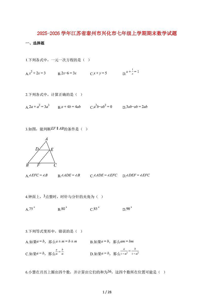 2025~2026学年江苏省泰州市兴化市七年级上学期期末数学检测试题【附解析】第1页