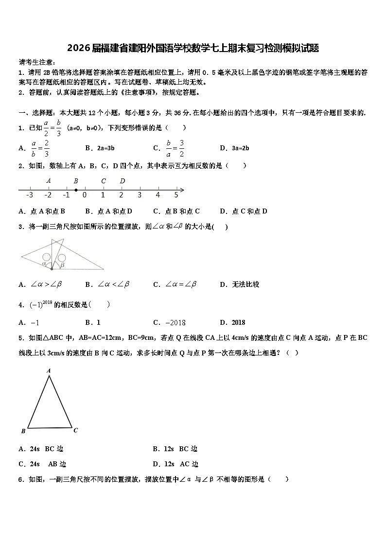 2026届福建省建阳外国语学校数学七上期末复习检测模拟试题含解析第1页