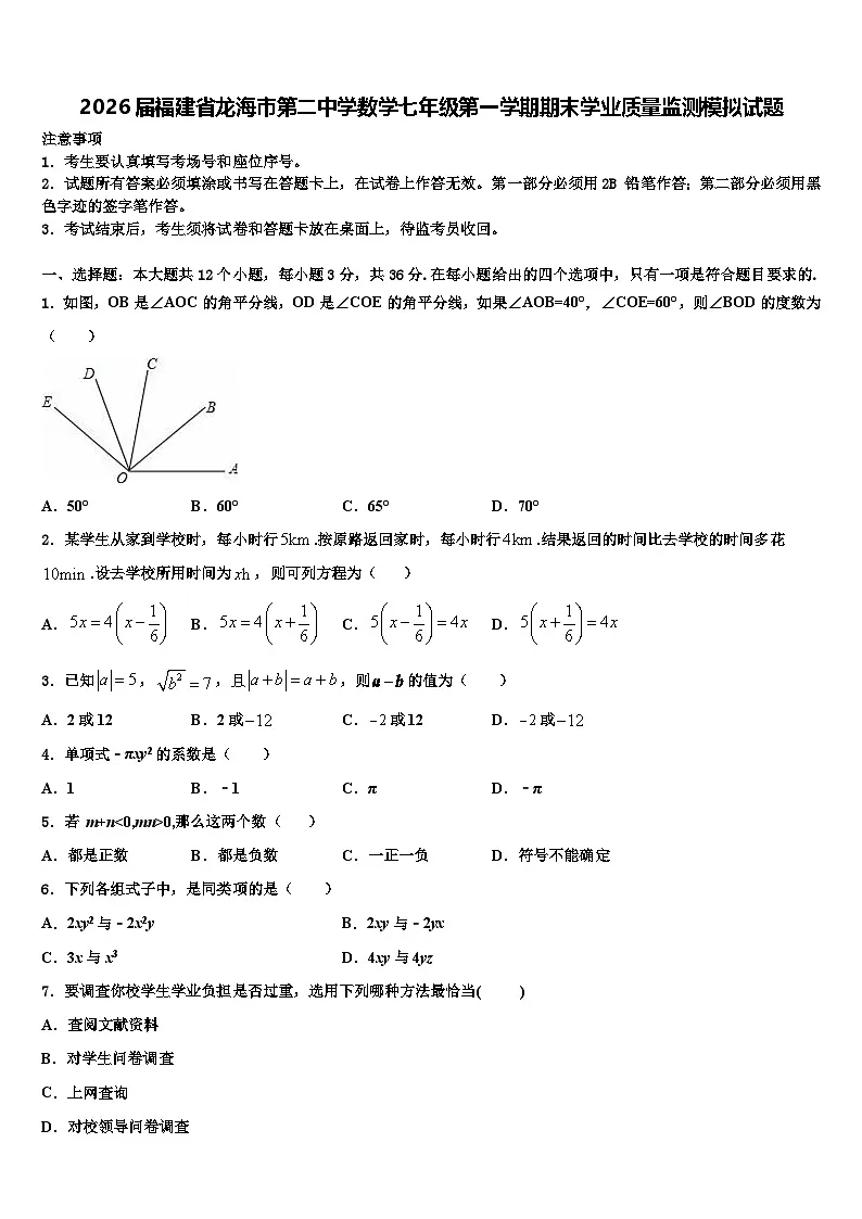 2026届福建省龙海市第二中学数学七年级第一学期期末学业质量监测模拟试题含解析第1页