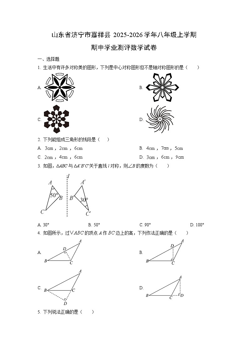 山东省济宁市嘉祥县2025-2026学年八年级上学期期中学业测评数学试卷（学生版）第1页