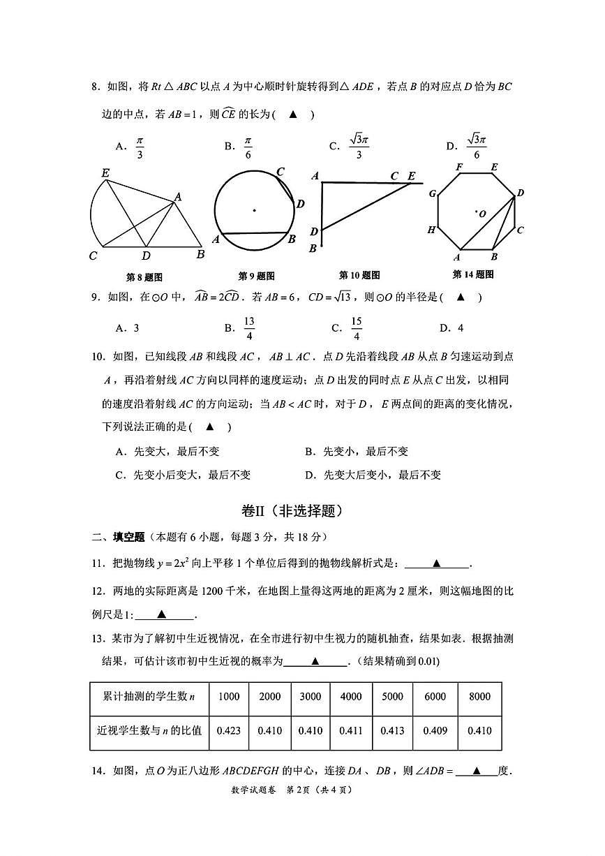 浙江省舟山市2025--2026学年上学期九年级期中学业水平监测数学试卷第2页