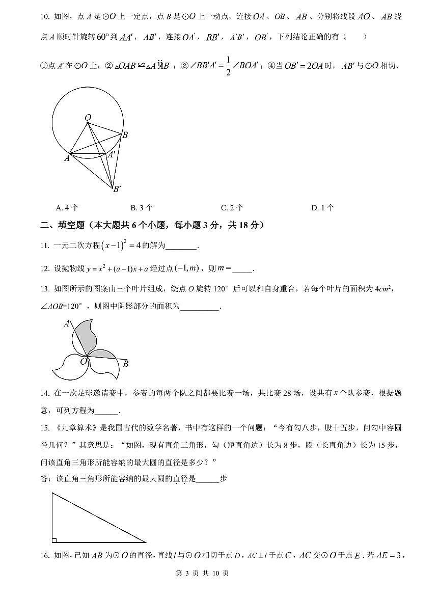2023-2024师大附中九上期中数学试卷第3页