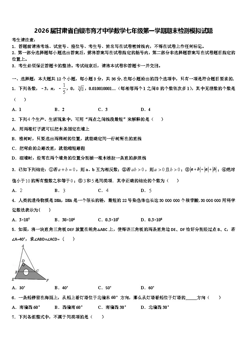 2026届甘肃省白银市育才中学数学七年级第一学期期末检测模拟试题含解析第1页
