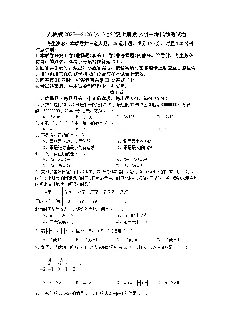 人教版2025—2026学年七年级上册数学期中考试预测试卷第1页