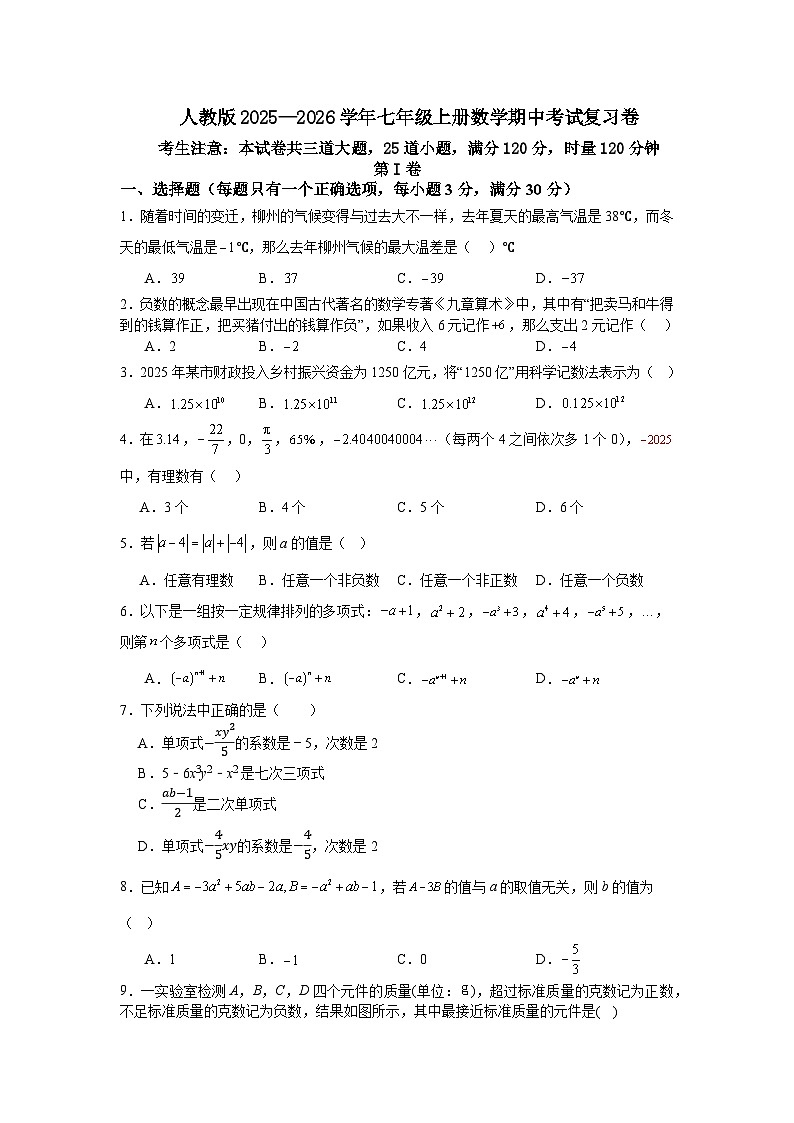 人教版2025—2026学年七年级上册数学期中考试复习卷第1页