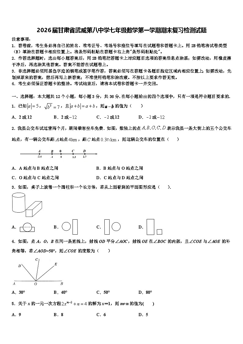 2026届甘肃省武威第八中学七年级数学第一学期期末复习检测试题含解析第1页