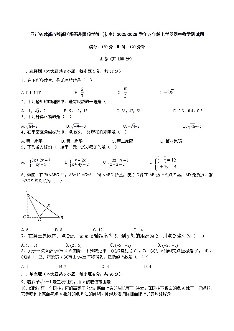 四川省成都市郫都区绵实外国语学校（初中）2025-2026学年八年级上学期期中数学测试题（无答案）第1页