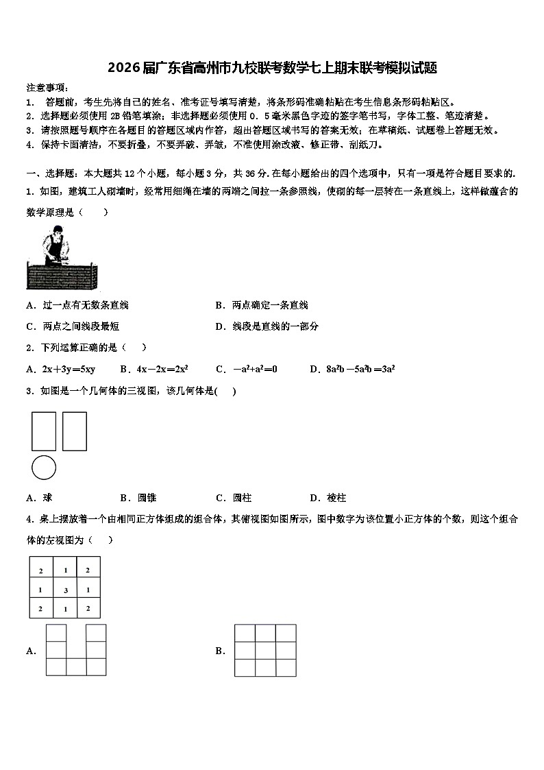 2026届广东省高州市九校联考数学七上期末联考模拟试题含解析第1页