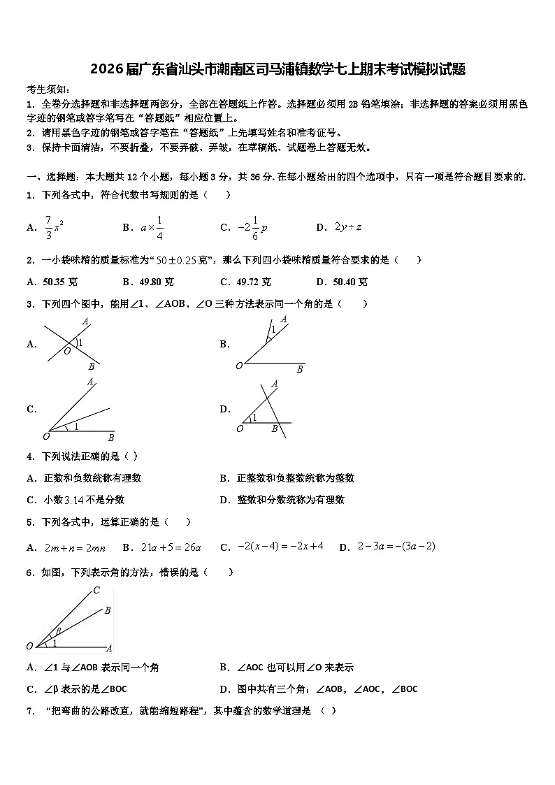 2026届广东省汕头市潮南区司马浦镇数学七上期末考试模拟试题含解析第1页