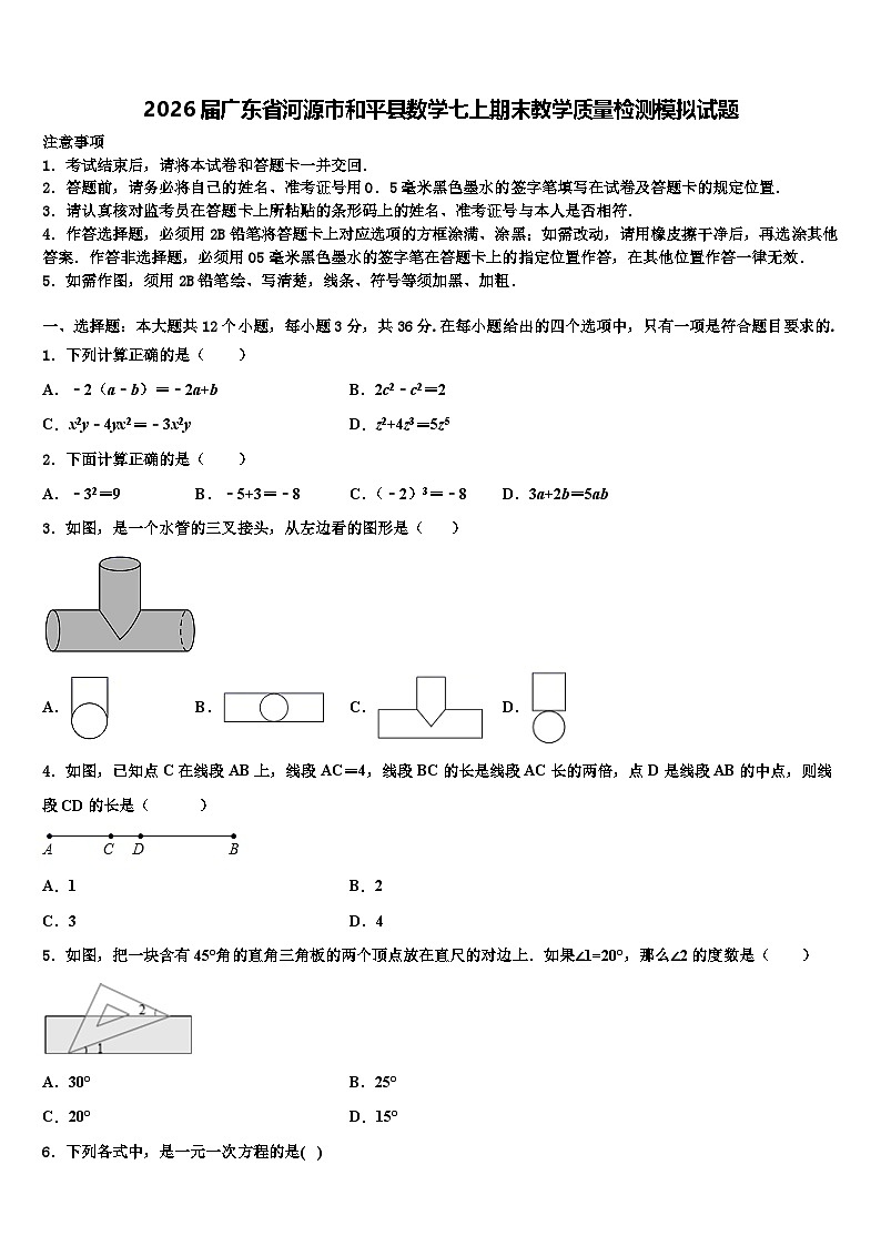 2026届广东省河源市和平县数学七上期末教学质量检测模拟试题含解析第1页