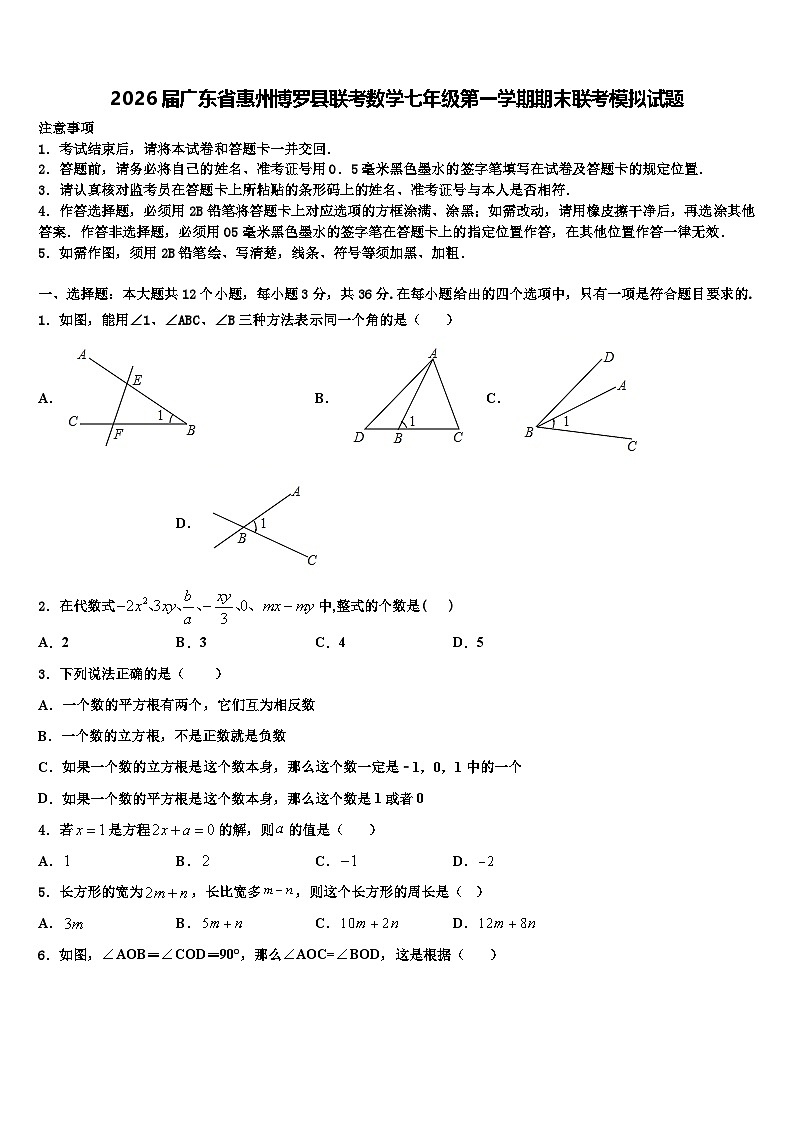 2026届广东省惠州博罗县联考数学七年级第一学期期末联考模拟试题含解析第1页