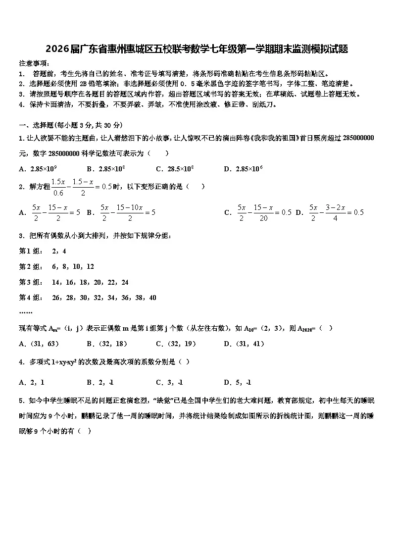 2026届广东省惠州惠城区五校联考数学七年级第一学期期末监测模拟试题含解析第1页