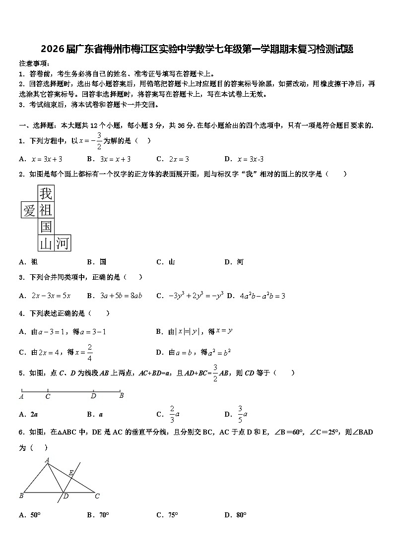 2026届广东省梅州市梅江区实验中学数学七年级第一学期期末复习检测试题含解析第1页