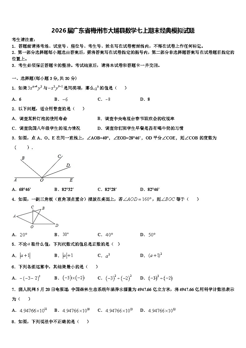 2026届广东省梅州市大埔县数学七上期末经典模拟试题含解析第1页