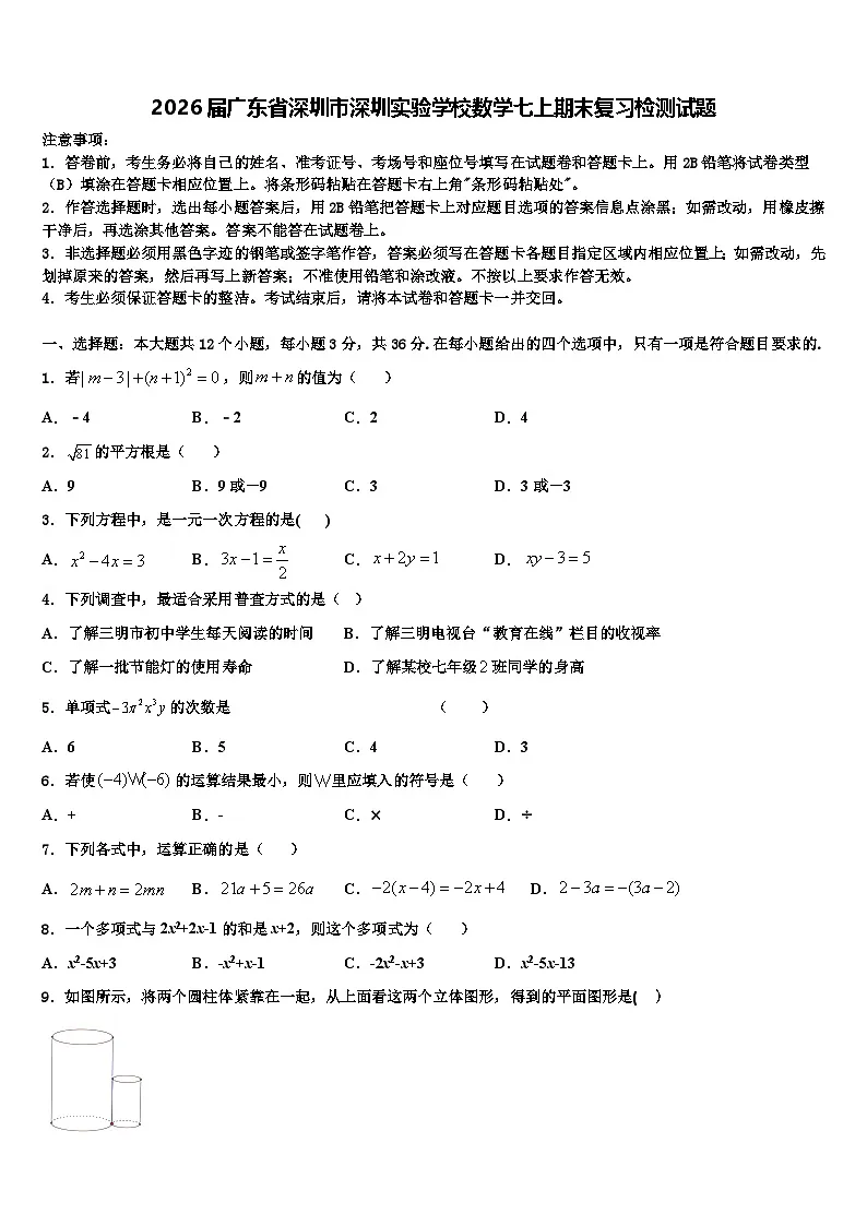 2026届广东省深圳市深圳实验学校数学七上期末复习检测试题含解析第1页