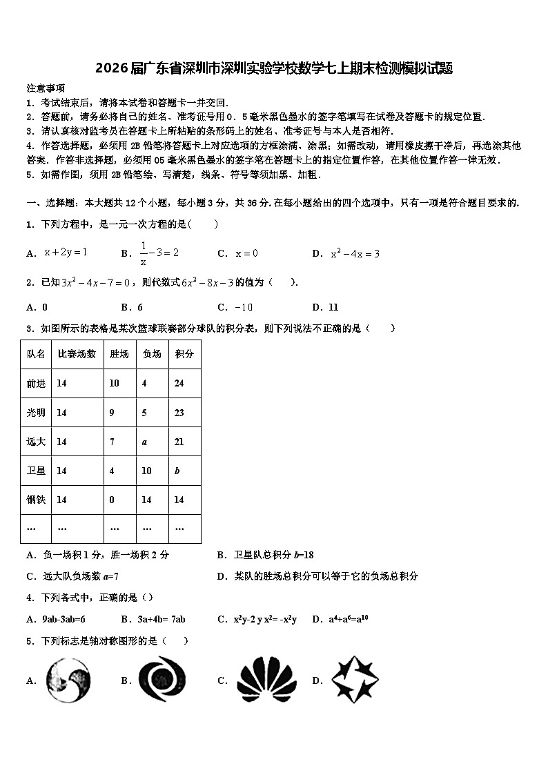 2026届广东省深圳市深圳实验学校数学七上期末检测模拟试题含解析第1页