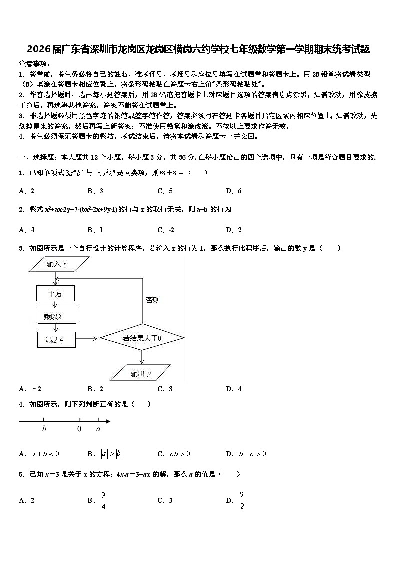 2026届广东省深圳市龙岗区龙岗区横岗六约学校七年级数学第一学期期末统考试题含解析第1页