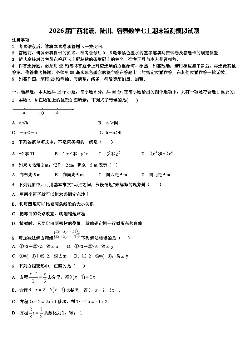2026届广西北流、陆川、容县数学七上期末监测模拟试题含解析第1页