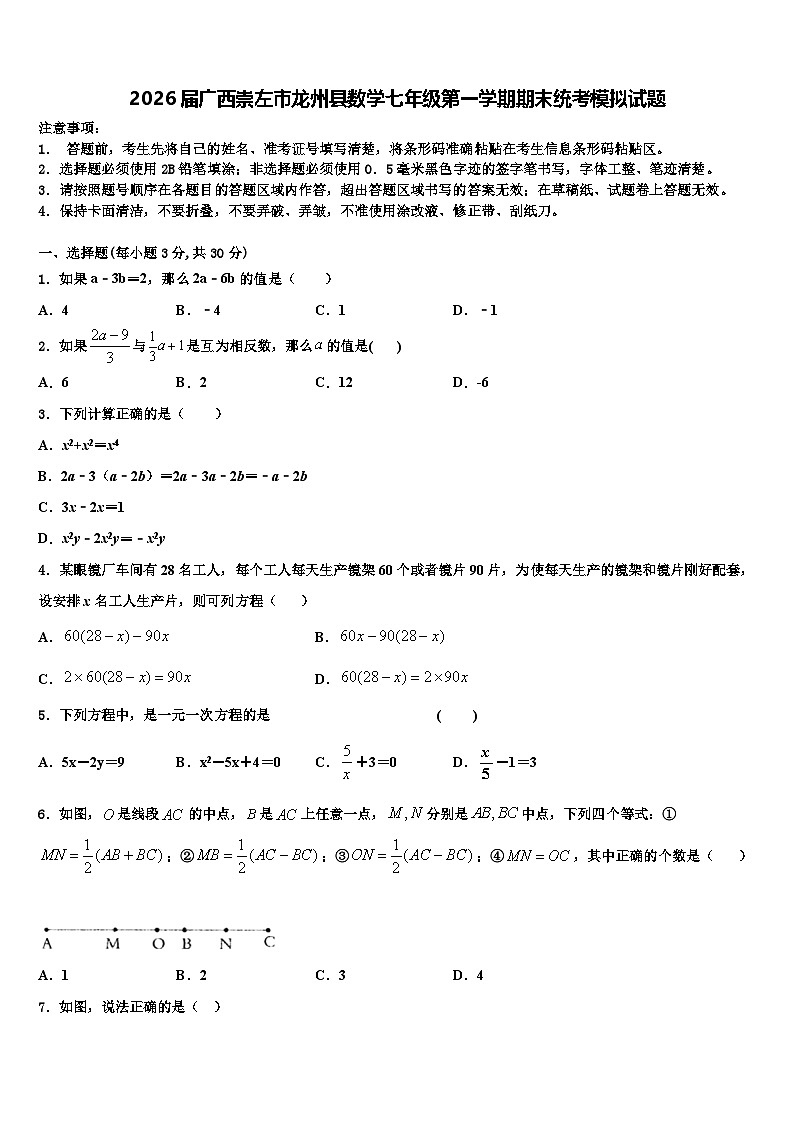 2026届广西崇左市龙州县数学七年级第一学期期末统考模拟试题含解析第1页