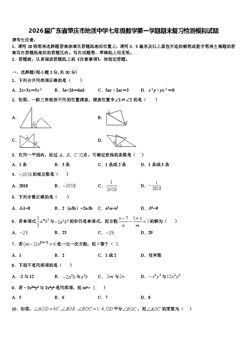 2026届广东省肇庆市地质中学七年级数学第一学期期末复习检测模拟试题含解析第1页