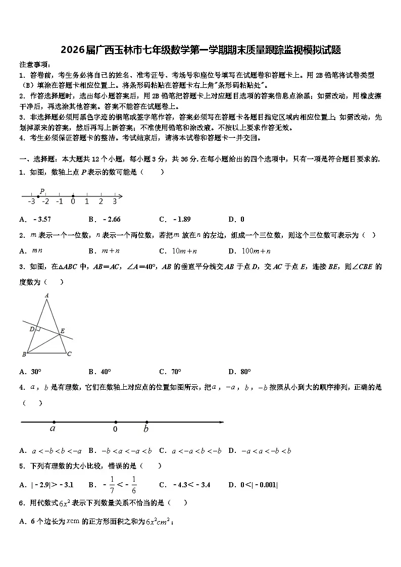 2026届广西玉林市七年级数学第一学期期末质量跟踪监视模拟试题含解析第1页