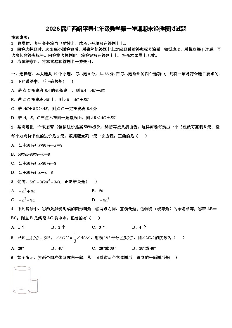2026届广西昭平县七年级数学第一学期期末经典模拟试题含解析第1页