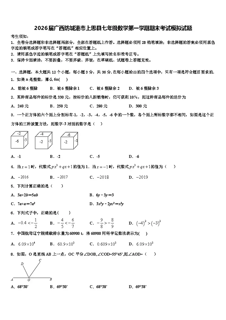 2026届广西防城港市上思县七年级数学第一学期期末考试模拟试题含解析第1页
