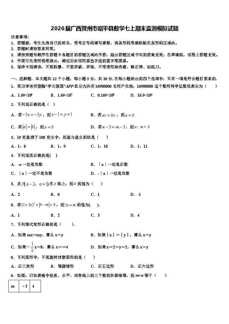 2026届广西贺州市昭平县数学七上期末监测模拟试题含解析第1页