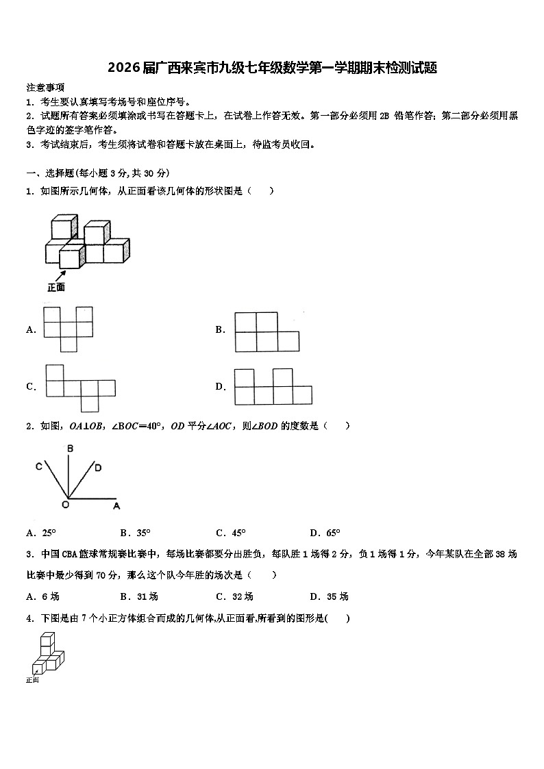 2026届广西来宾市九级七年级数学第一学期期末检测试题含解析第1页
