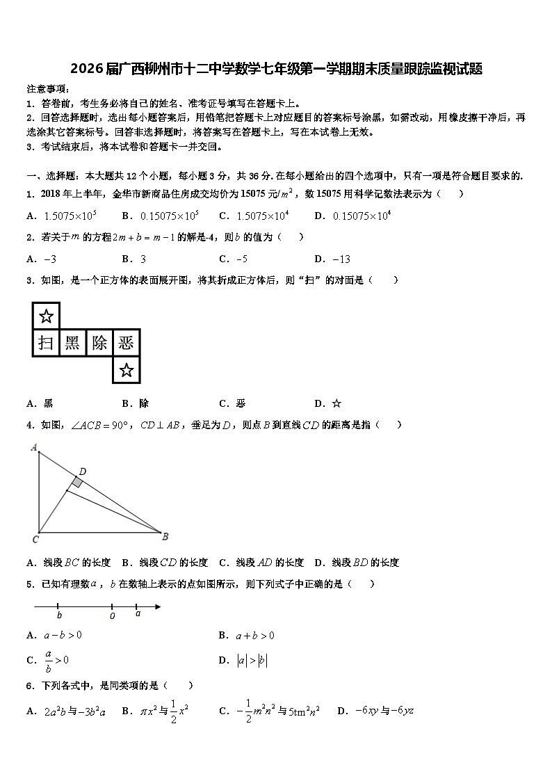 2026届广西柳州市十二中学数学七年级第一学期期末质量跟踪监视试题含解析第1页