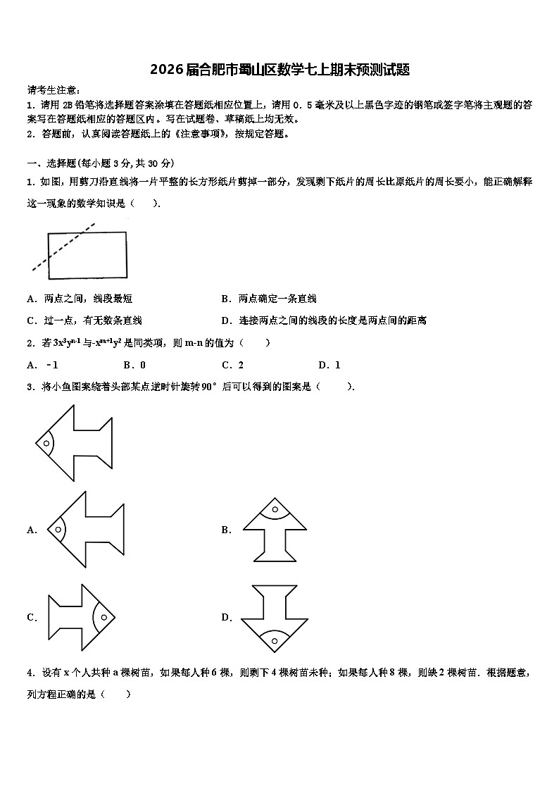 2026届合肥市蜀山区数学七上期末预测试题含解析第1页