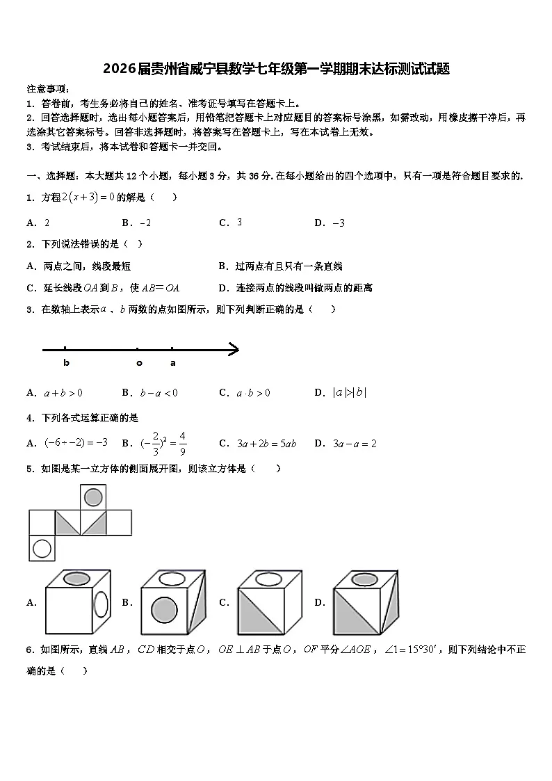 2026届贵州省威宁县数学七年级第一学期期末达标测试试题含解析第1页