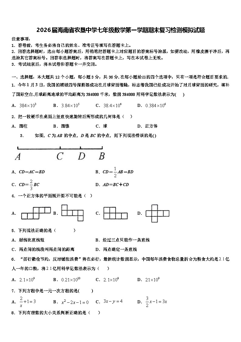 2026届海南省农垦中学七年级数学第一学期期末复习检测模拟试题含解析第1页