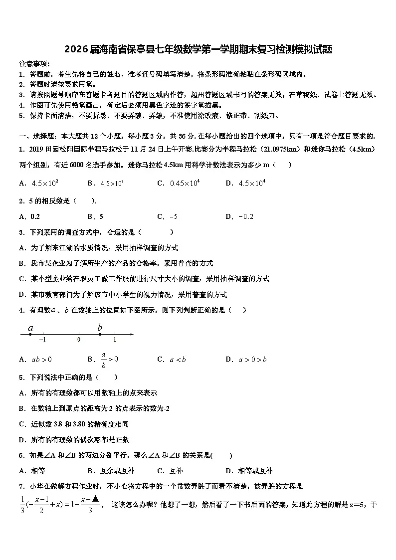 2026届海南省保亭县七年级数学第一学期期末复习检测模拟试题含解析第1页