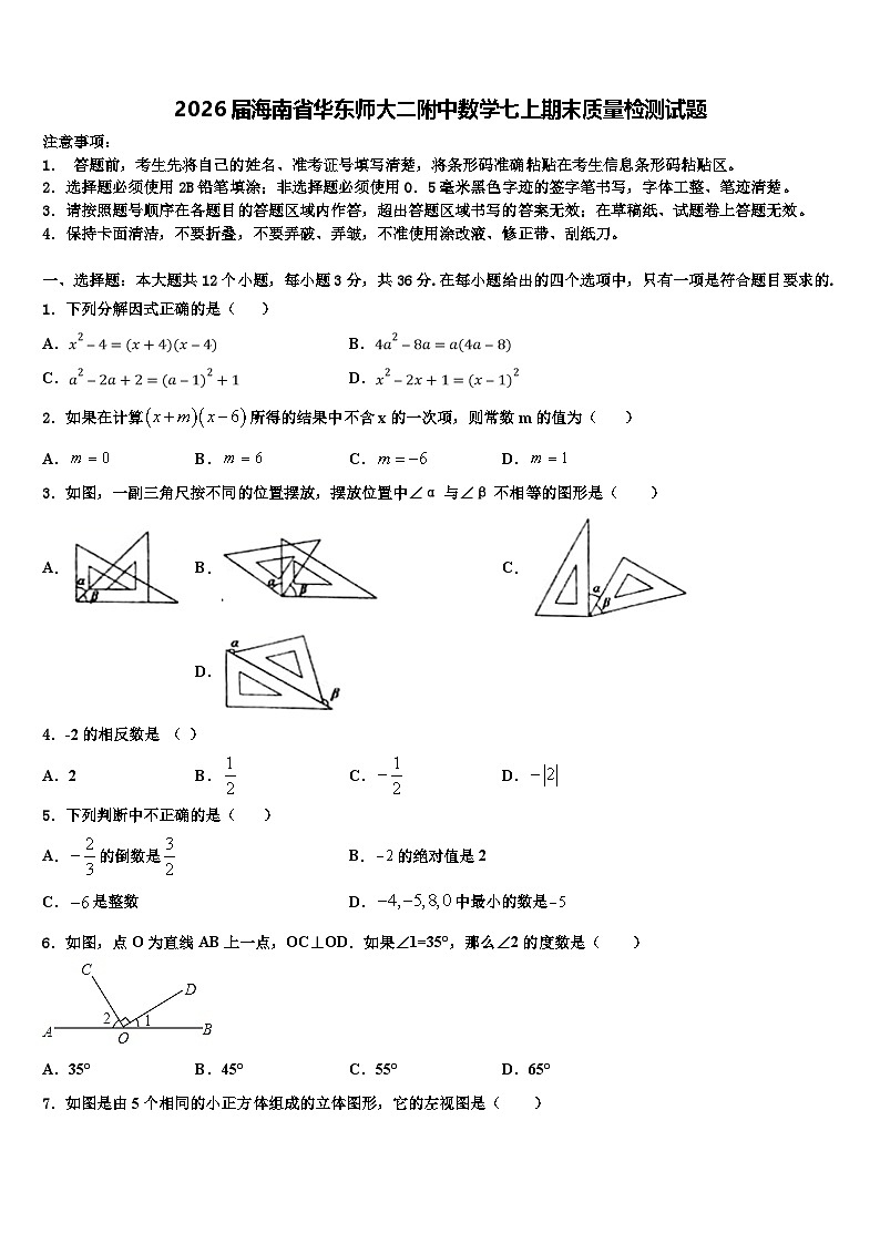 2026届海南省华东师大二附中数学七上期末质量检测试题含解析第1页