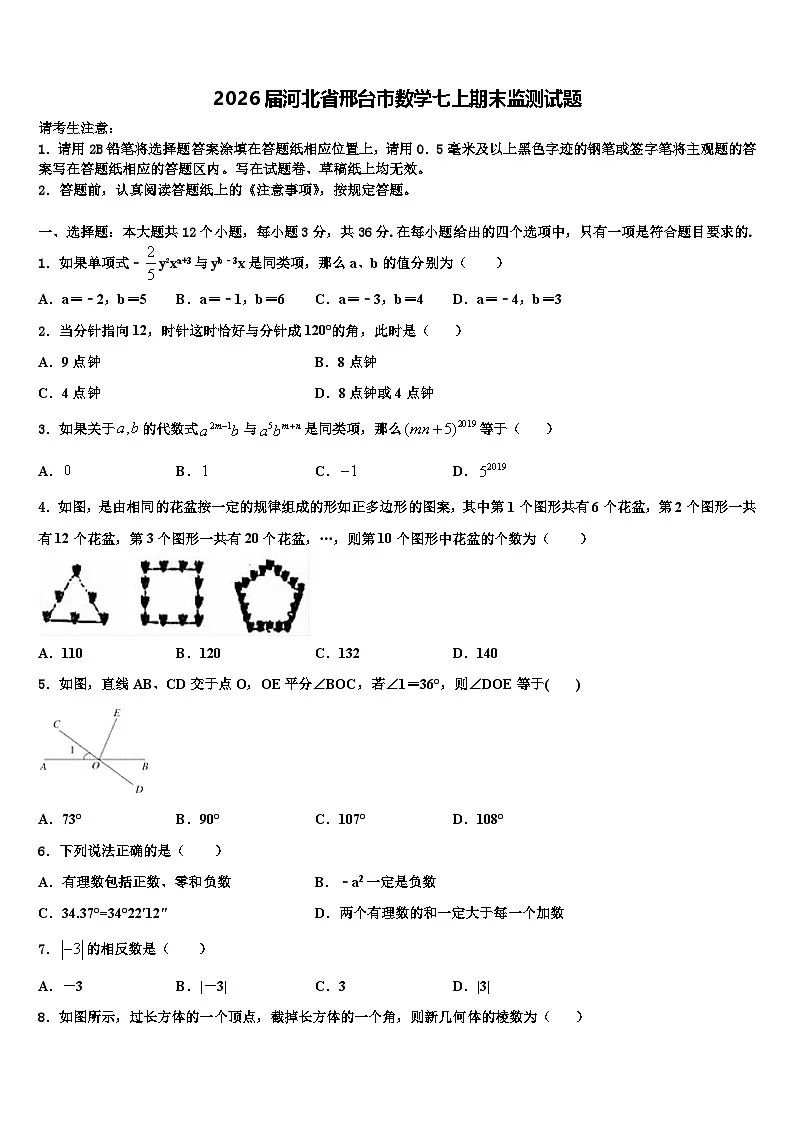 2026届河北省邢台市数学七上期末监测试题含解析第1页