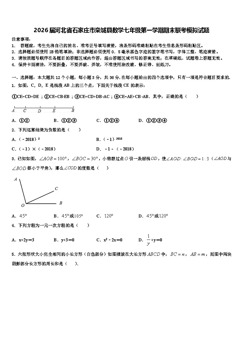 2026届河北省石家庄市栾城县数学七年级第一学期期末联考模拟试题含解析第1页