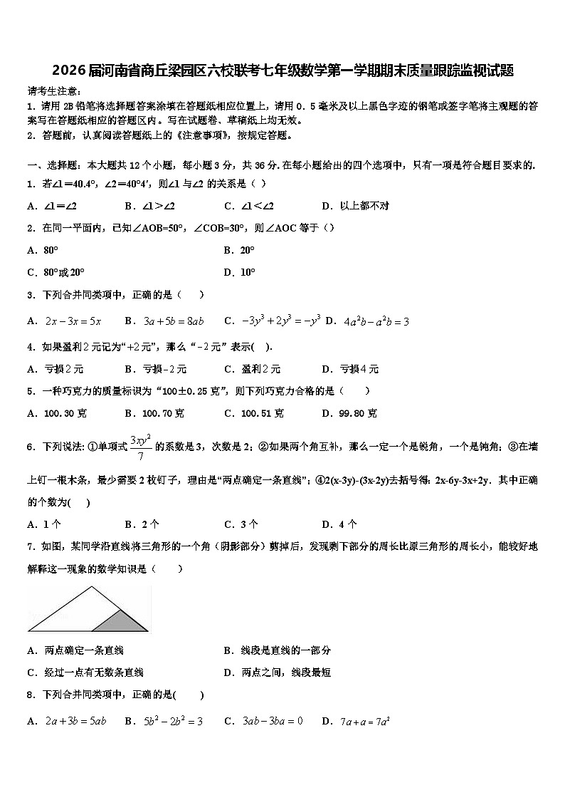 2026届河南省商丘梁园区六校联考七年级数学第一学期期末质量跟踪监视试题含解析第1页