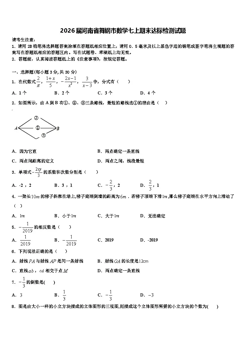2026届河南省舞钢市数学七上期末达标检测试题含解析第1页